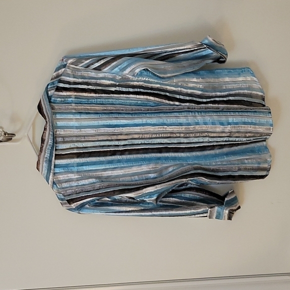 VTG DRESSBARN 1990s blue silver satin metallic striped ribbon button down shirt - Picture 3 of 7